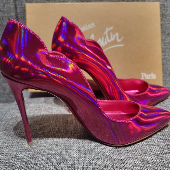 BRAND NEW LOUBOUTIN Metallic Pink Patent Hot Chick 100 Pump IT 38 New &Box &Bag - Picture 1 of 16